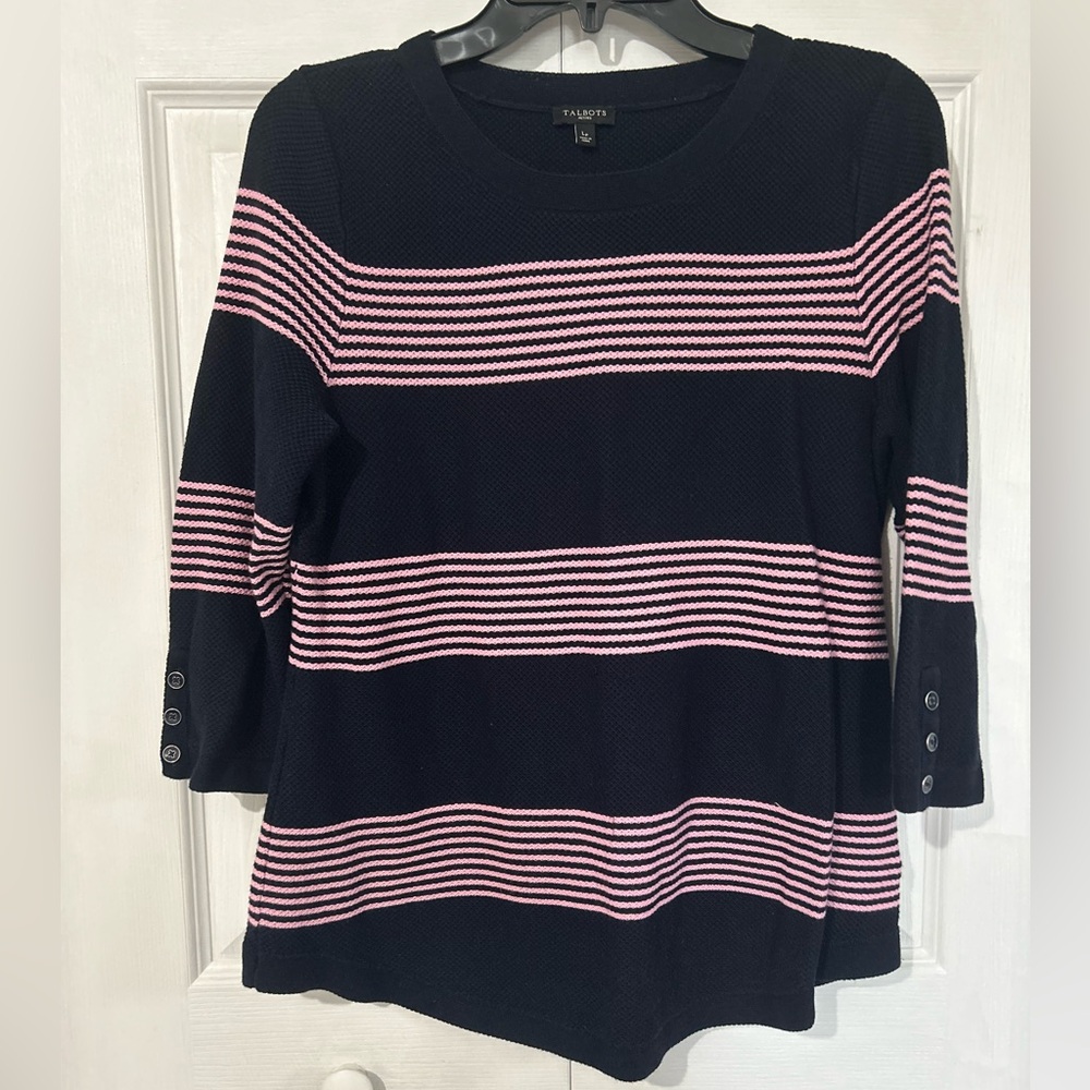 Talbots Women's Navy Blue and Pink Striped Top size LP